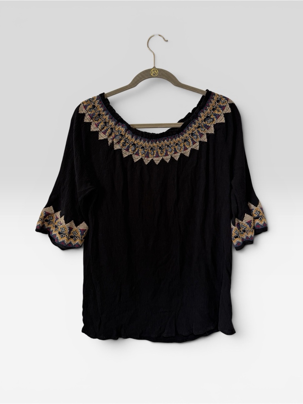 Westport 1962 Embroidered Scoop-Neck Tunic in Black with Gold & Purple Accents L